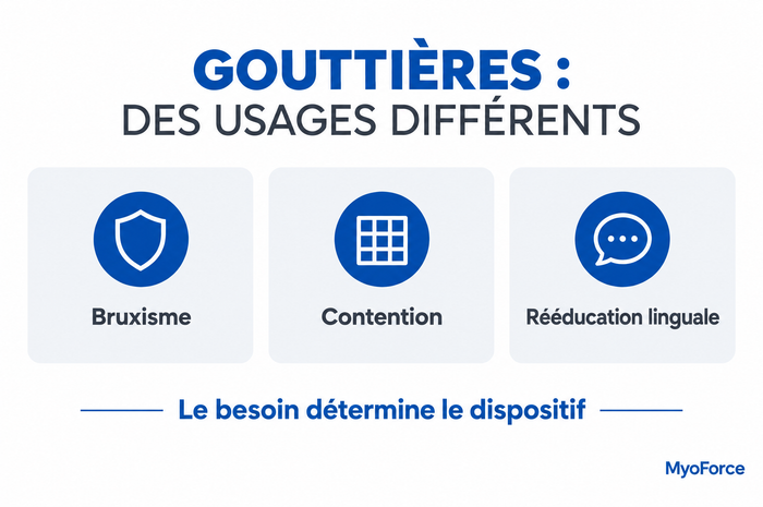 Repères du guide : Gouttière dentaire : les types et leurs usages. Infographie MyoForce en bleu.